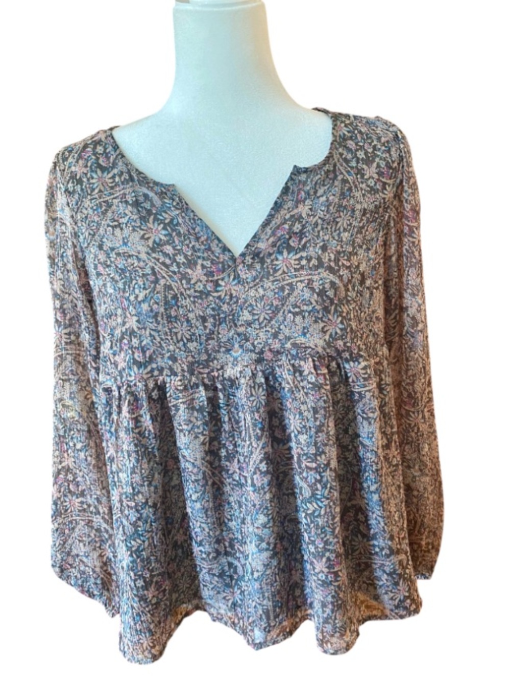 Lucky Brand Floral Paisley Metallic Chiffon Peasant Blouse Small